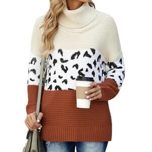 Women's Turtleneck Chunky long sleeve Leopard Print Sweater Cable Knit Sweater L